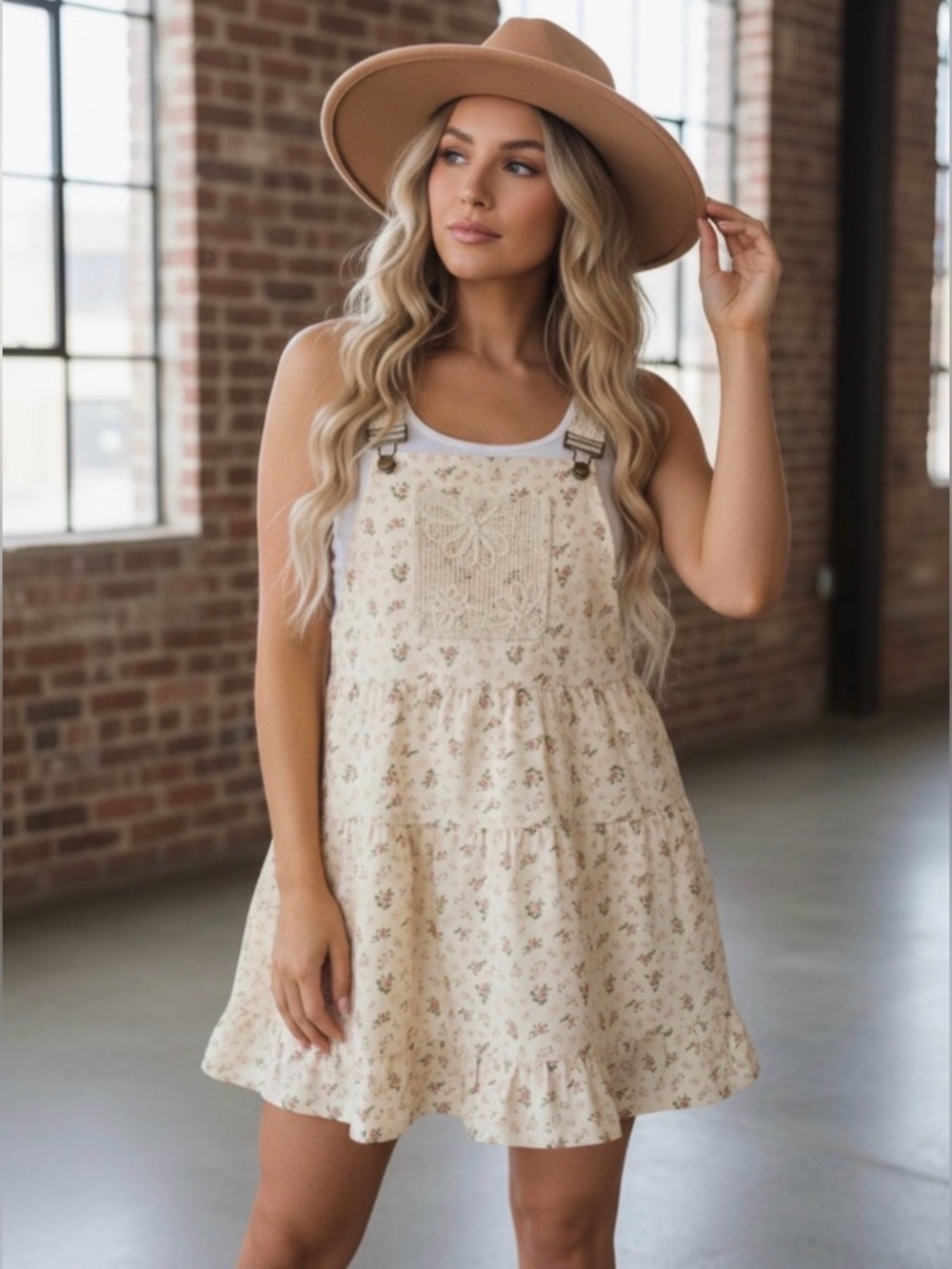 NWT Very J Floral Print Boho Crochet Patchwork Overall Mini Dress